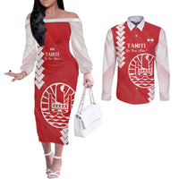 Custom Tahiti Football Couples Matching Off The Shoulder Long Sleeve Dress and Long Sleeve Button Shirt Go Toa Aito LT14 Red - Polynesian Pride