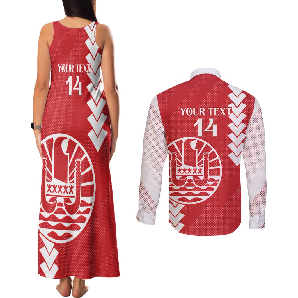 Custom Tahiti Football Couples Matching Tank Maxi Dress and Long Sleeve Button Shirt Go Toa Aito LT14 - Polynesian Pride