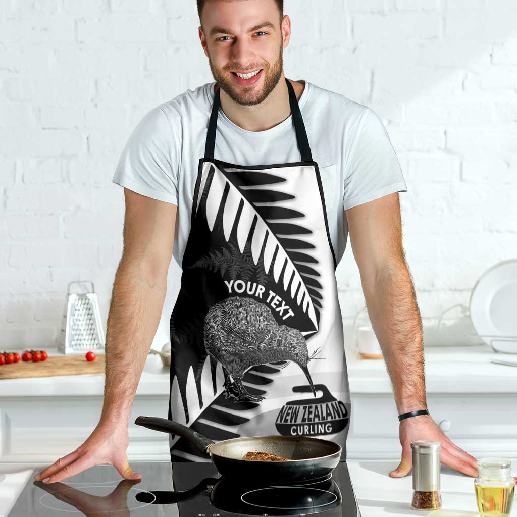 New Zealand Silver Fern Curling Personalised Apron Aotearoa Kiwi Ponga Black White Version - Polynesian Pride