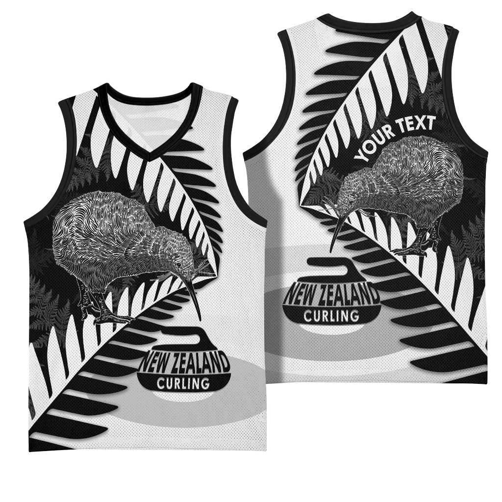 New Zealand Silver Fern Curling Personalised Basketball Jersey Aotearoa Kiwi Ponga Black White Version - Polynesian Pride