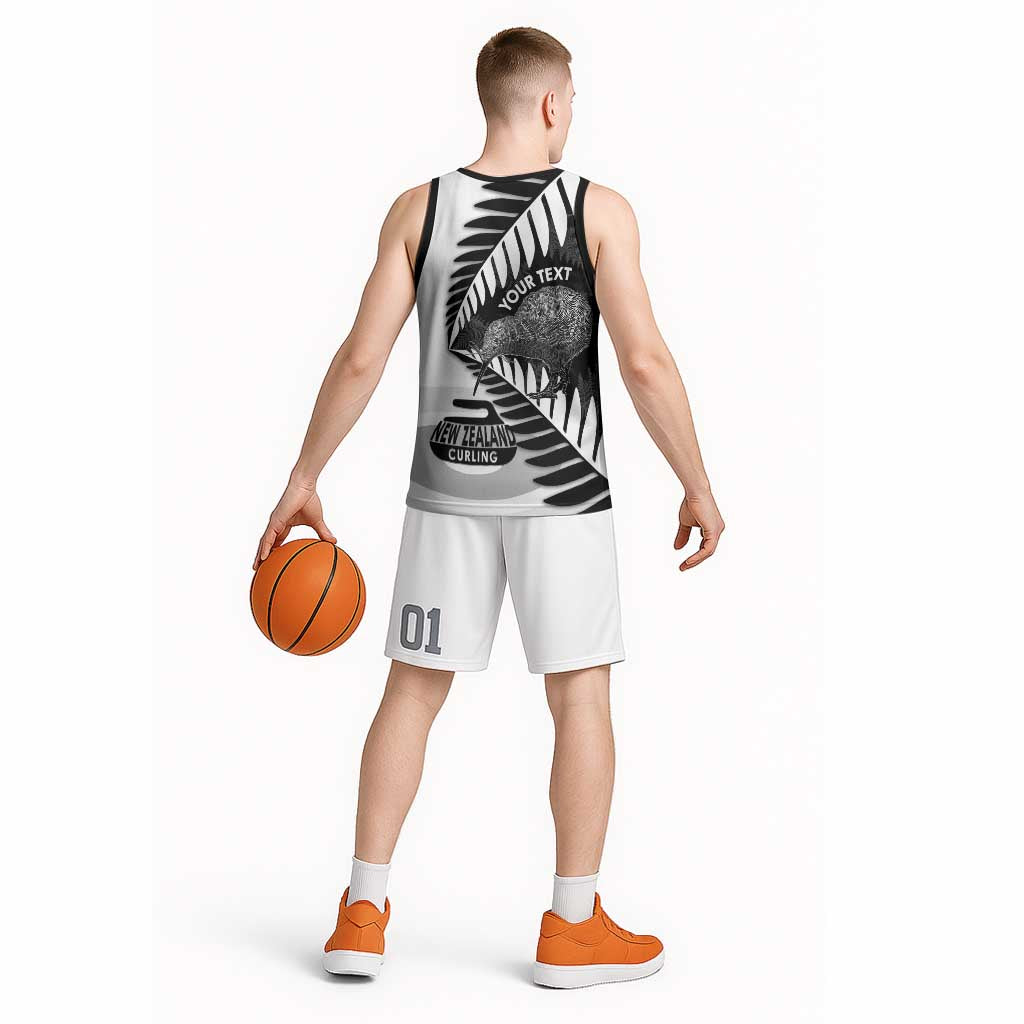 New Zealand Silver Fern Curling Personalised Basketball Jersey Aotearoa Kiwi Ponga Black White Version - Polynesian Pride