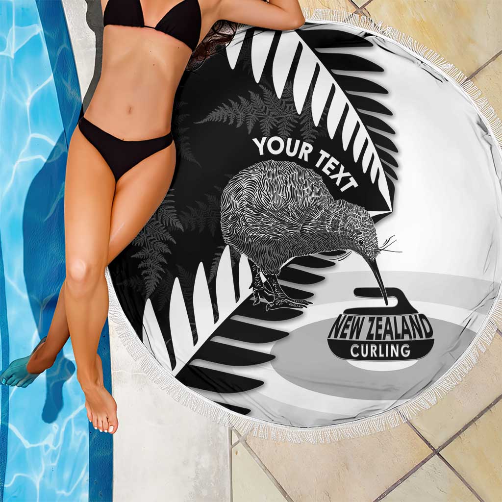 New Zealand Silver Fern Curling Personalised Beach Blanket Aotearoa Kiwi Ponga Black White Version - Polynesian Pride
