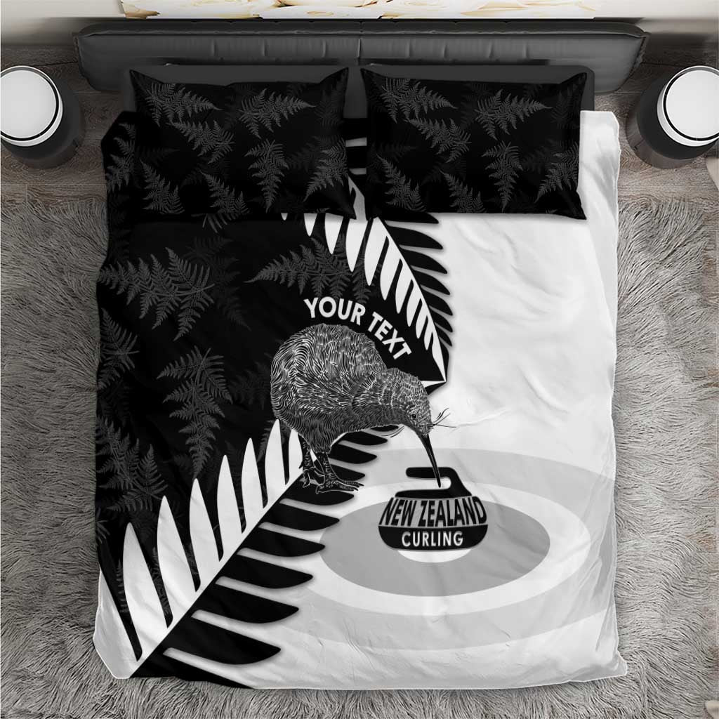 New Zealand Silver Fern Curling Personalised Bedding Set Aotearoa Kiwi Ponga Black White Version - Polynesian Pride