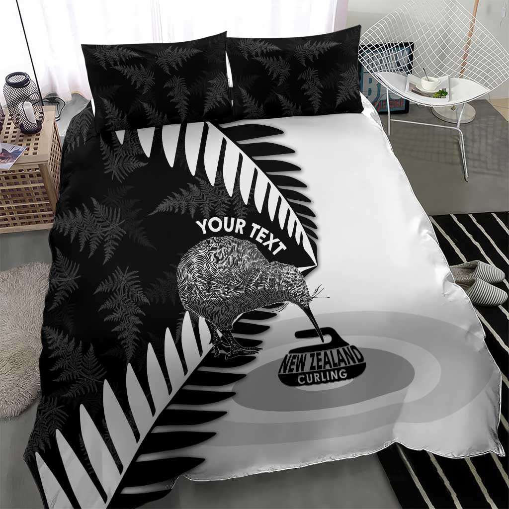 New Zealand Silver Fern Curling Personalised Bedding Set Aotearoa Kiwi Ponga Black White Version - Polynesian Pride
