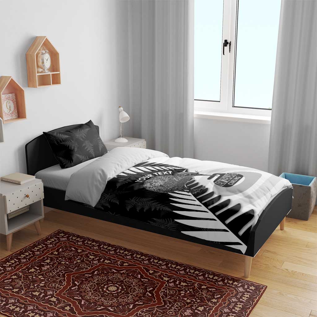 New Zealand Silver Fern Curling Personalised Bedding Set Aotearoa Kiwi Ponga Black White Version - Polynesian Pride