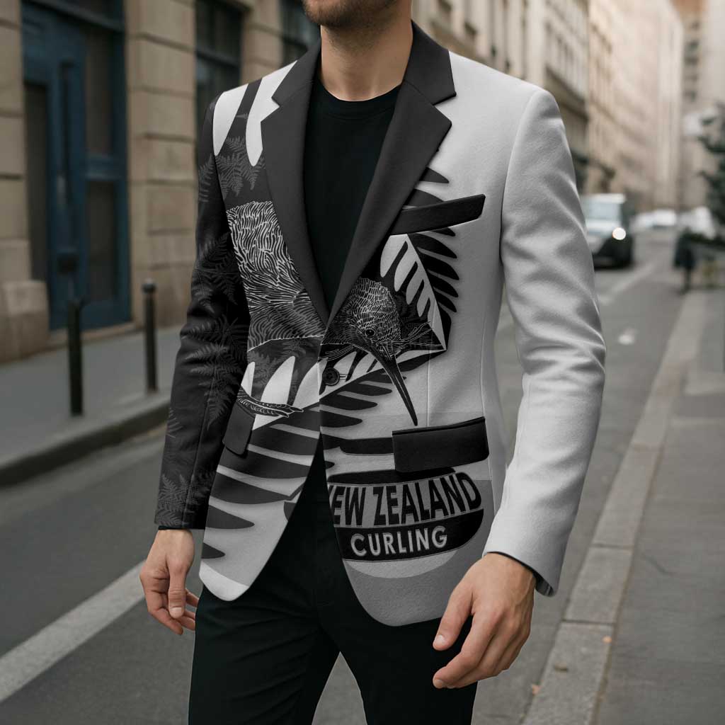 New Zealand Silver Fern Curling Personalised Blazer Aotearoa Kiwi Ponga Black White Version - Polynesian Pride