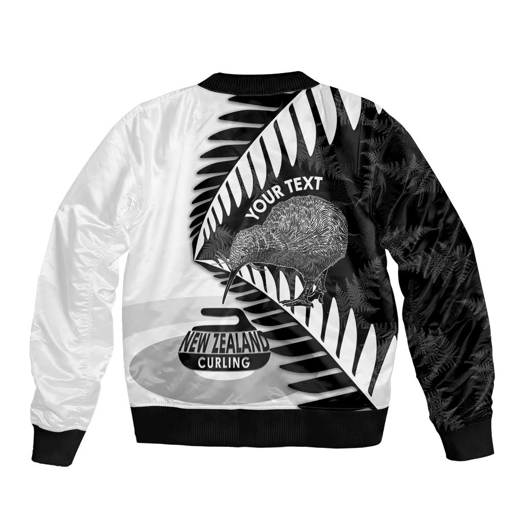 New Zealand Silver Fern Curling Personalised Bomber Jacket Aotearoa Kiwi Ponga Black White Version - Polynesian Pride