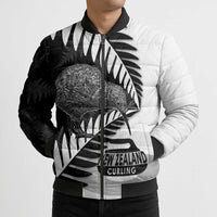New Zealand Silver Fern Curling Personalised Bomber Puffer Jacket Aotearoa Kiwi Ponga Black White Version - Polynesian Pride