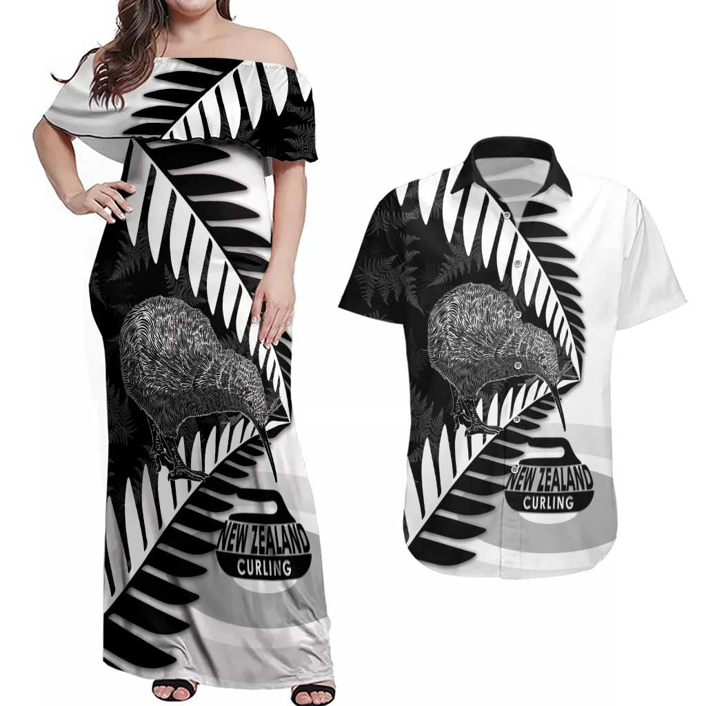 New Zealand Silver Fern Curling Personalised Couples Matching Off Shoulder Maxi Dress and Hawaiian Shirt Aotearoa Kiwi Ponga Black White Version LT14 Black - Polynesian Pride