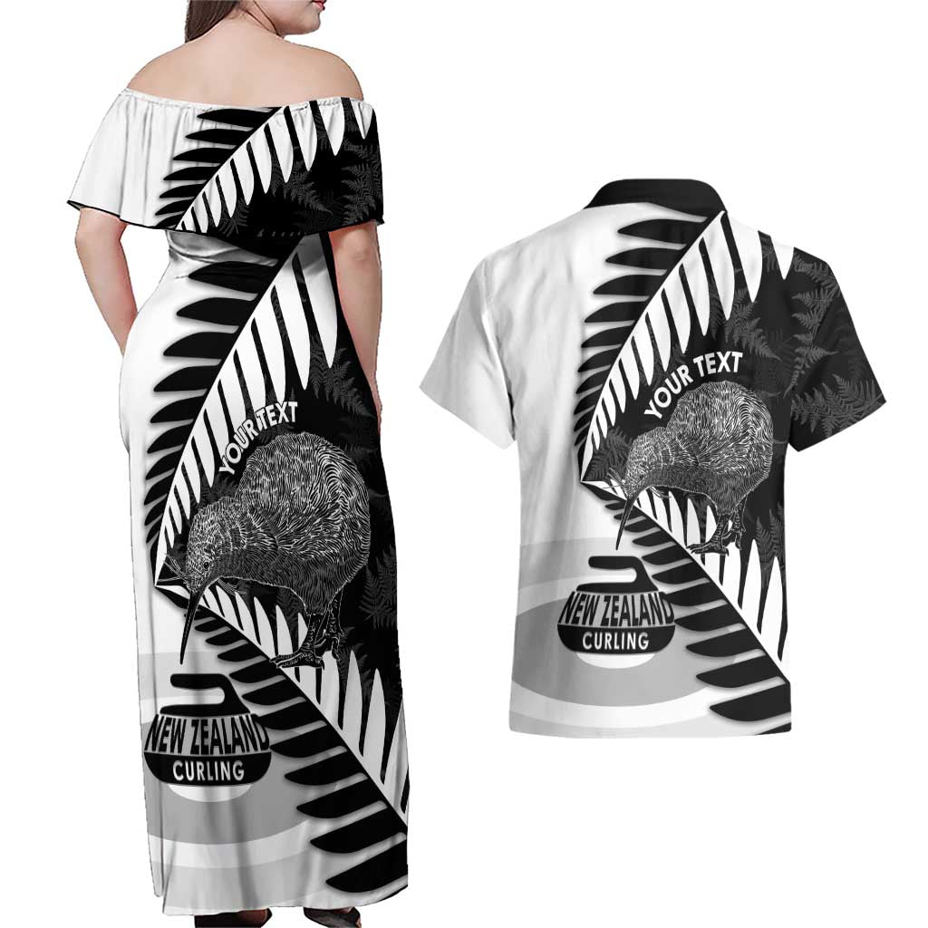 New Zealand Silver Fern Curling Personalised Couples Matching Off Shoulder Maxi Dress and Hawaiian Shirt Aotearoa Kiwi Ponga Black White Version LT14 - Polynesian Pride