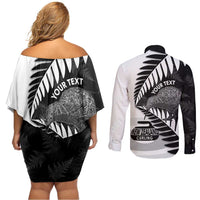 New Zealand Silver Fern Curling Personalised Couples Matching Off Shoulder Short Dress and Long Sleeve Button Shirt Aotearoa Kiwi Ponga Black White Version LT14 - Polynesian Pride