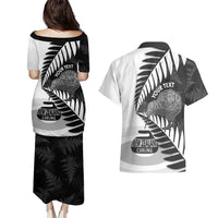 New Zealand Silver Fern Curling Personalised Couples Matching Puletasi and Hawaiian Shirt Aotearoa Kiwi Ponga Black White Version LT14 - Polynesian Pride