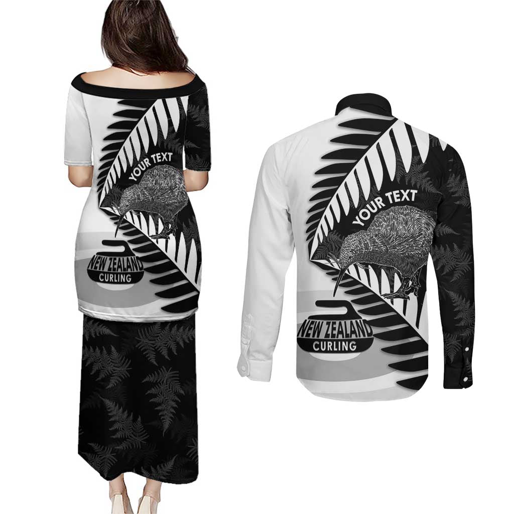 New Zealand Silver Fern Curling Personalised Couples Matching Puletasi and Long Sleeve Button Shirt Aotearoa Kiwi Ponga Black White Version - Polynesian Pride