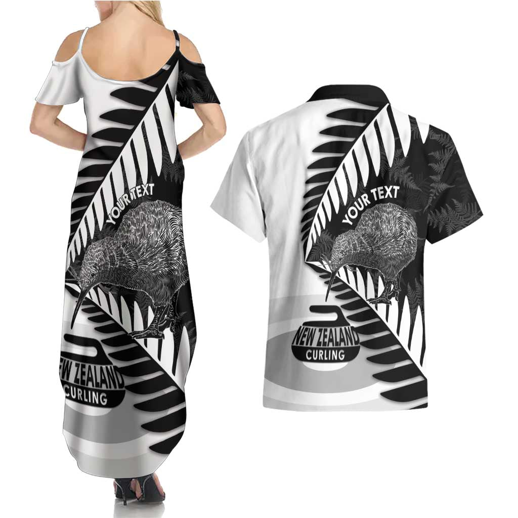 New Zealand Silver Fern Curling Personalised Couples Matching Summer Maxi Dress and Hawaiian Shirt Aotearoa Kiwi Ponga Black White Version LT14 - Polynesian Pride