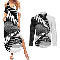 New Zealand Silver Fern Curling Personalised Couples Matching Summer Maxi Dress and Long Sleeve Button Shirt Aotearoa Kiwi Ponga Black White Version - Polynesian Pride