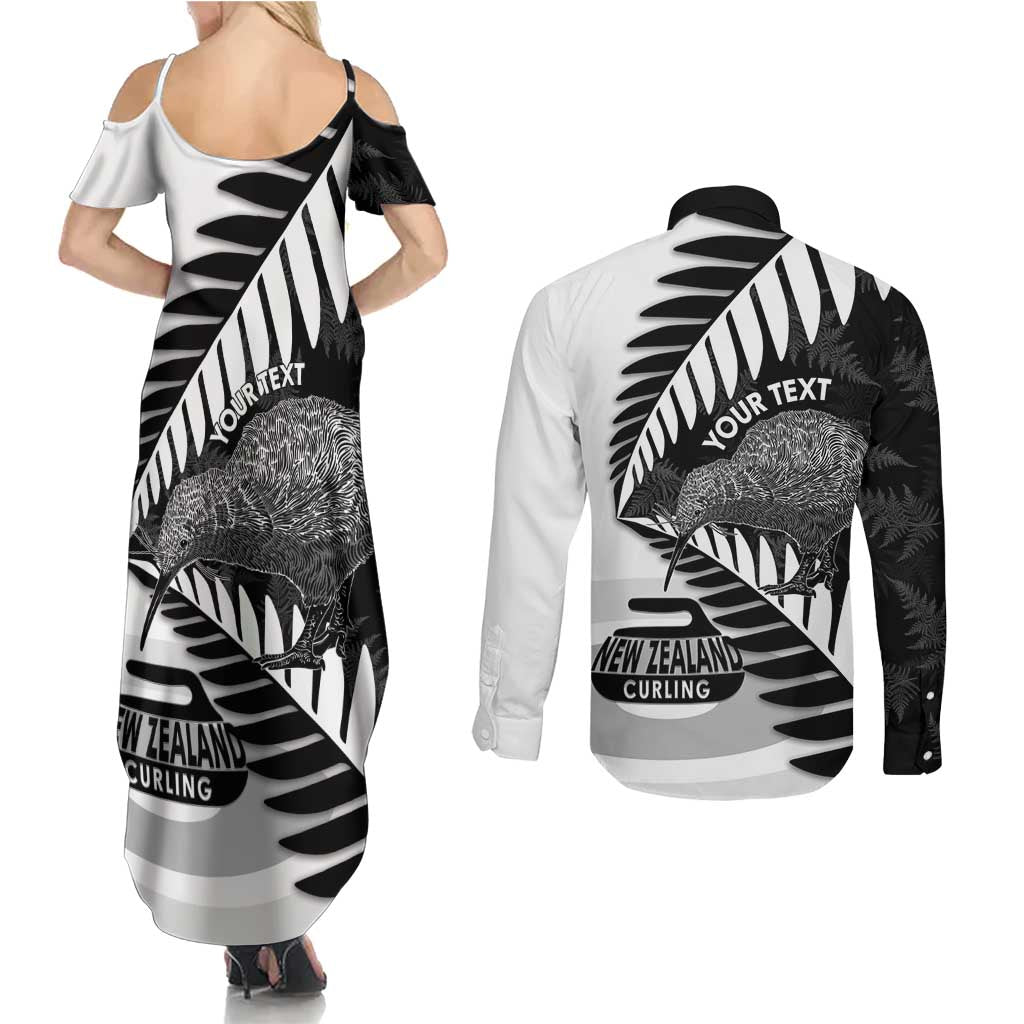 New Zealand Silver Fern Curling Personalised Couples Matching Summer Maxi Dress and Long Sleeve Button Shirt Aotearoa Kiwi Ponga Black White Version - Polynesian Pride