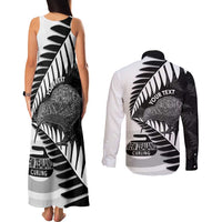 New Zealand Silver Fern Curling Personalised Couples Matching Tank Maxi Dress and Long Sleeve Button Shirt Aotearoa Kiwi Ponga Black White Version LT14 - Polynesian Pride