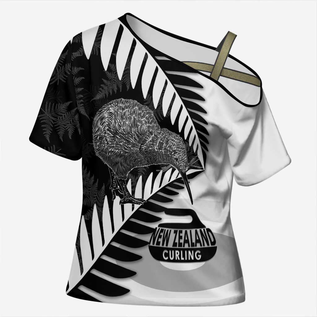 New Zealand Silver Fern Curling Personalised Cross Shoulder Shirt Aotearoa Kiwi Ponga Black White Version - Polynesian Pride