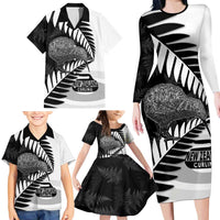 New Zealand Silver Fern Curling Personalised Family Matching Long Sleeve Bodycon Dress and Hawaiian Shirt Aotearoa Kiwi Ponga Black White Version LT14 - Polynesian Pride