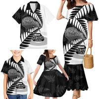 New Zealand Silver Fern Curling Personalised Family Matching Mermaid Dress and Hawaiian Shirt Aotearoa Kiwi Ponga Black White Version LT14 - Polynesian Pride