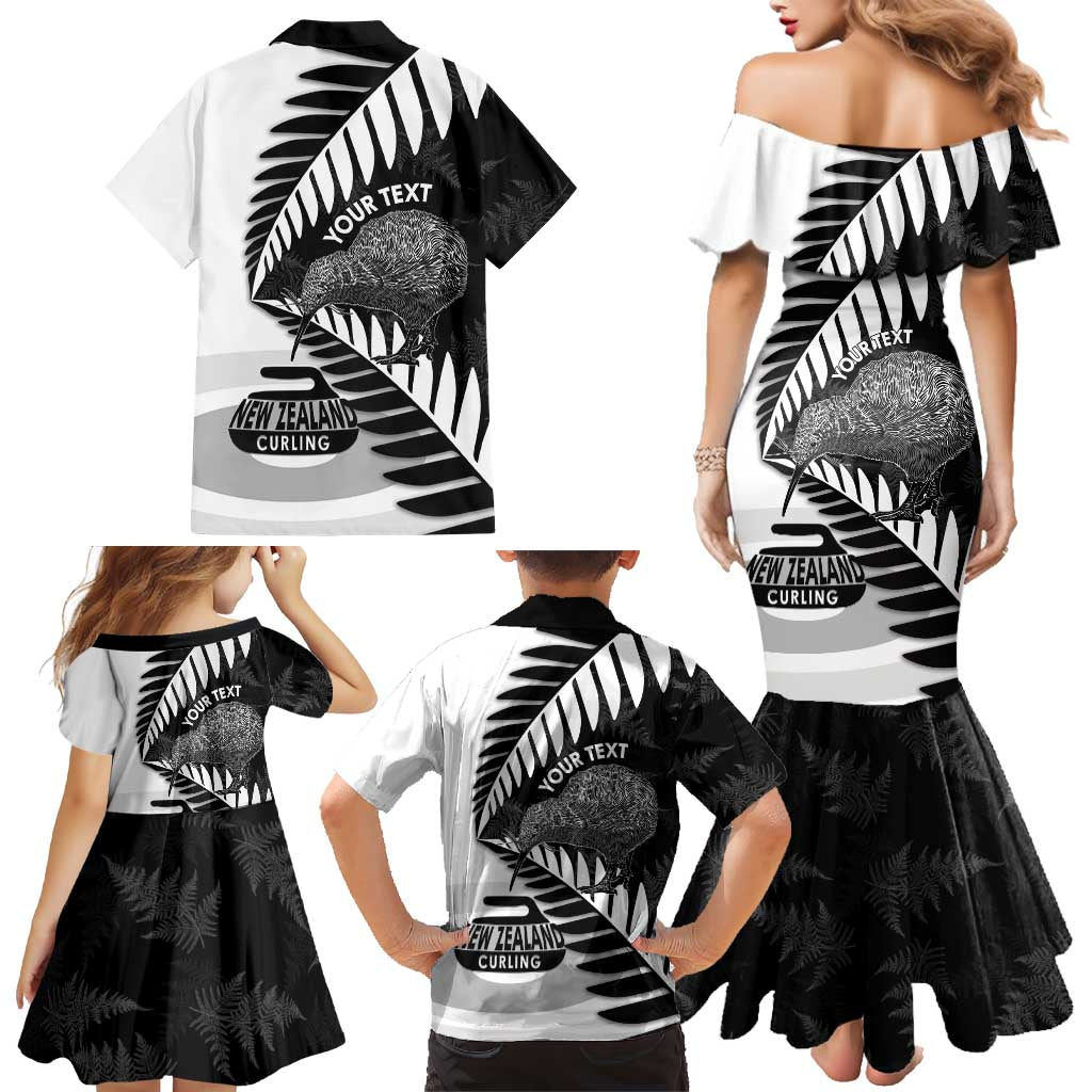 New Zealand Silver Fern Curling Personalised Family Matching Mermaid Dress and Hawaiian Shirt Aotearoa Kiwi Ponga Black White Version LT14 - Polynesian Pride