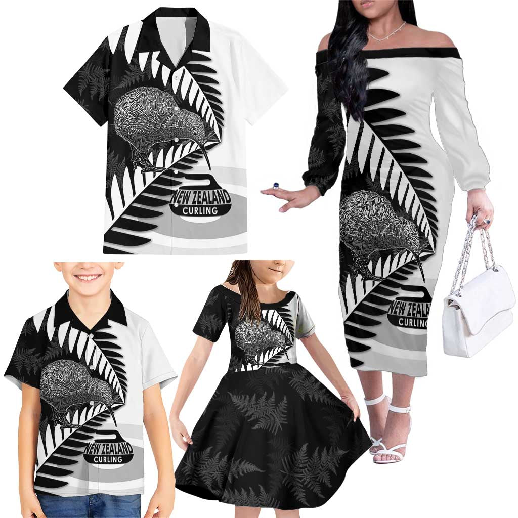 New Zealand Silver Fern Curling Personalised Family Matching Off The Shoulder Long Sleeve Dress and Hawaiian Shirt Aotearoa Kiwi Ponga Black White Version - Polynesian Pride