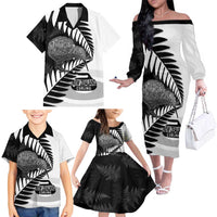 New Zealand Silver Fern Curling Personalised Family Matching Off The Shoulder Long Sleeve Dress and Hawaiian Shirt Aotearoa Kiwi Ponga Black White Version LT14 - Polynesian Pride
