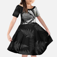 New Zealand Silver Fern Curling Personalised Family Matching Off Shoulder Maxi Dress and Hawaiian Shirt Aotearoa Kiwi Ponga Black White Version LT14 Daughter's Dress Black - Polynesian Pride