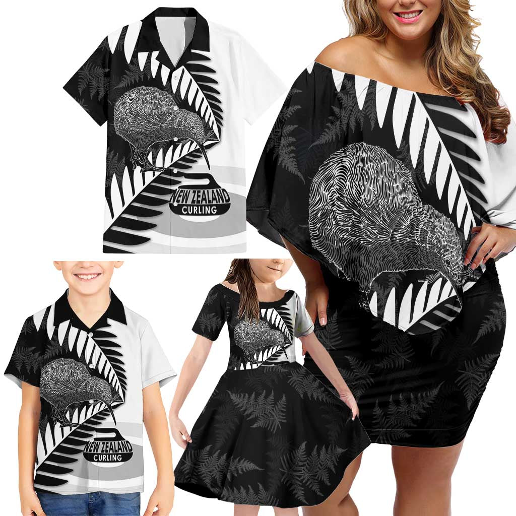 New Zealand Silver Fern Curling Personalised Family Matching Off Shoulder Short Dress and Hawaiian Shirt Aotearoa Kiwi Ponga Black White Version - Polynesian Pride
