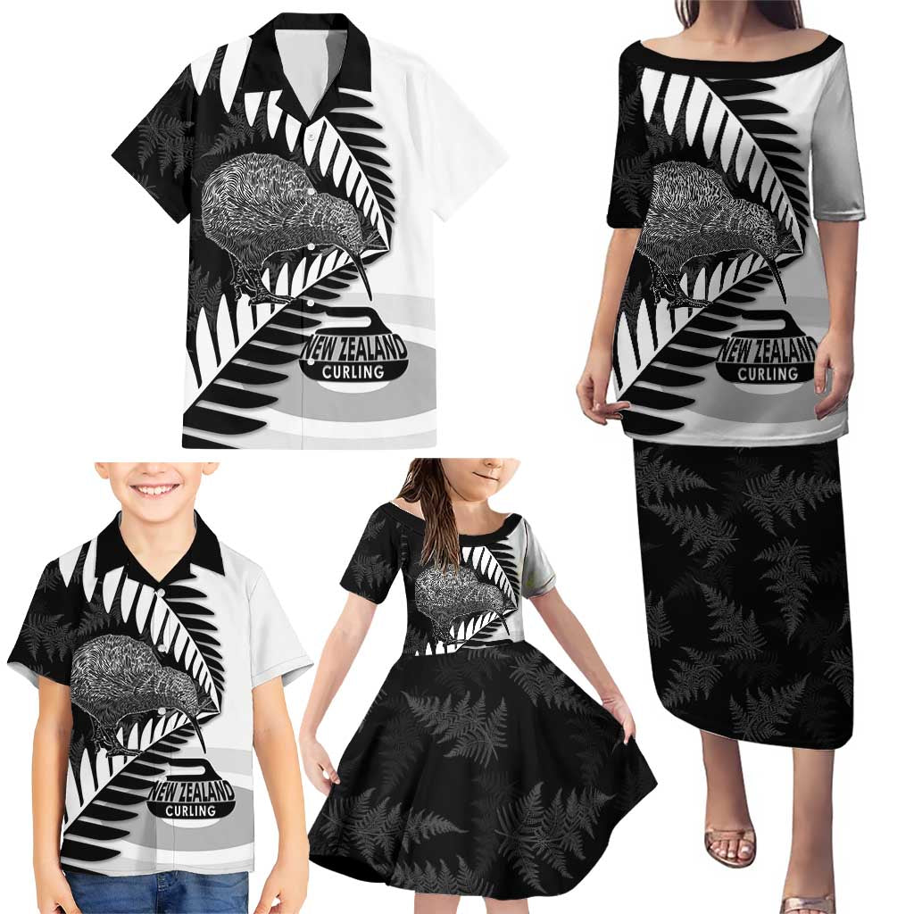 New Zealand Silver Fern Curling Personalised Family Matching Puletasi and Hawaiian Shirt Aotearoa Kiwi Ponga Black White Version LT14 - Polynesian Pride