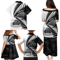 New Zealand Silver Fern Curling Personalised Family Matching Puletasi and Hawaiian Shirt Aotearoa Kiwi Ponga Black White Version LT14 - Polynesian Pride