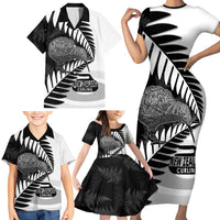 New Zealand Silver Fern Curling Personalised Family Matching Short Sleeve Bodycon Dress and Hawaiian Shirt Aotearoa Kiwi Ponga Black White Version LT14 - Polynesian Pride