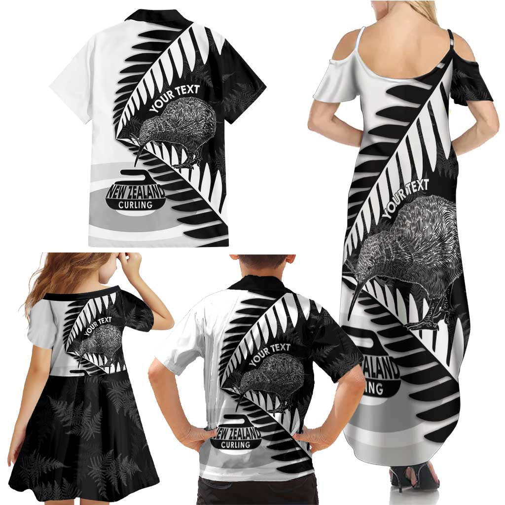 New Zealand Silver Fern Curling Personalised Family Matching Summer Maxi Dress and Hawaiian Shirt Aotearoa Kiwi Ponga Black White Version LT14 - Polynesian Pride