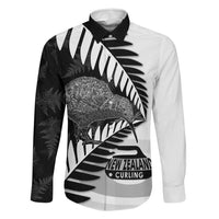 New Zealand Silver Fern Curling Personalised Family Matching Tank Maxi Dress and Hawaiian Shirt Aotearoa Kiwi Ponga Black White Version LT14 Dad's Shirt - Long Sleeve Black - Polynesian Pride