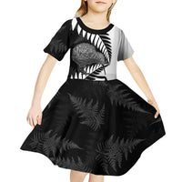 New Zealand Silver Fern Curling Personalised Kid Short Sleeve Dress Aotearoa Kiwi Ponga Black White Version - Polynesian Pride