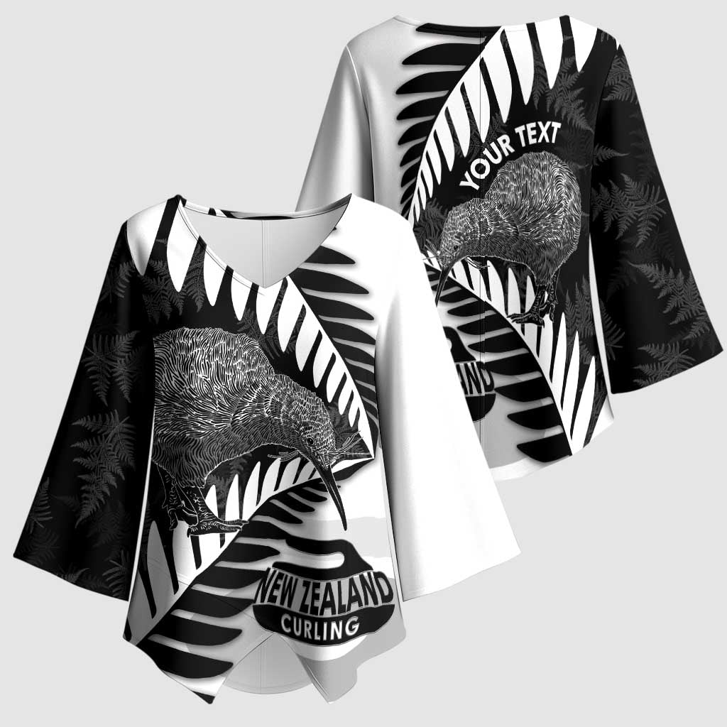 New Zealand Silver Fern Curling Personalised Kimono Sleeve Blouse Aotearoa Kiwi Ponga Black White Version - Polynesian Pride