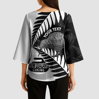 New Zealand Silver Fern Curling Personalised Kimono Sleeve Blouse Aotearoa Kiwi Ponga Black White Version - Polynesian Pride