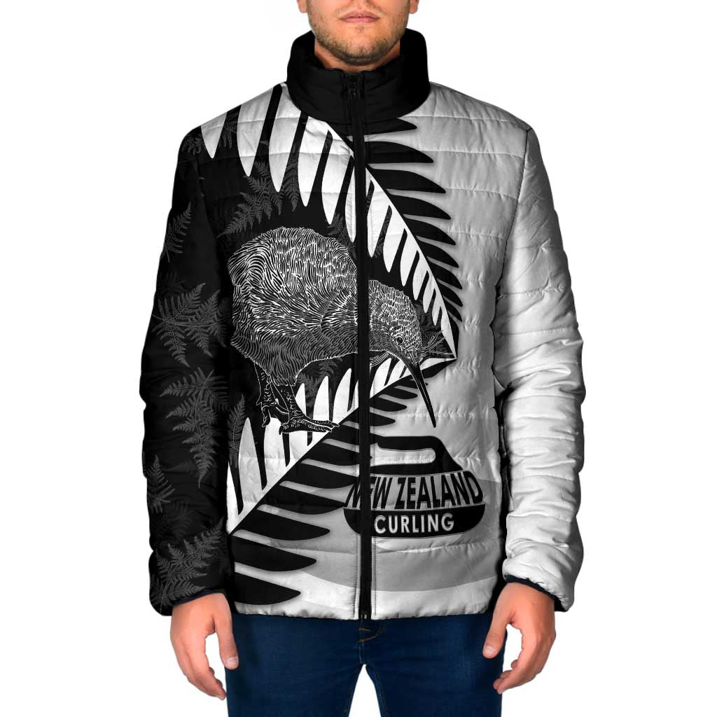 New Zealand Silver Fern Curling Personalised Padded Jacket Aotearoa Kiwi Ponga Black White Version - Polynesian Pride
