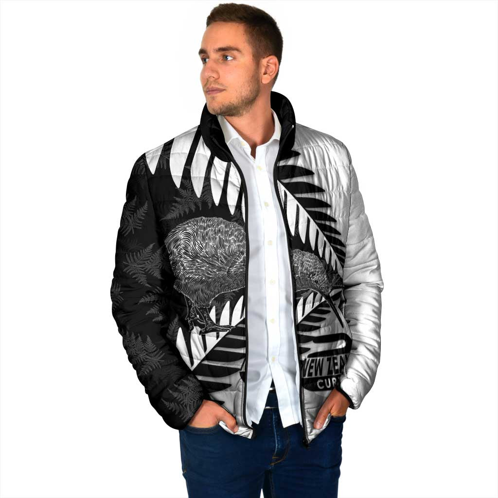 New Zealand Silver Fern Curling Personalised Padded Jacket Aotearoa Kiwi Ponga Black White Version - Polynesian Pride