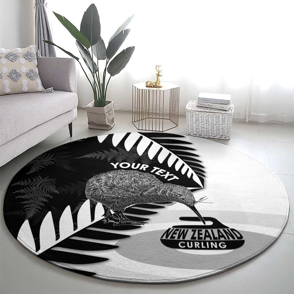 New Zealand Silver Fern Curling Personalised Round Carpet Aotearoa Kiwi Ponga Black White Version - Polynesian Pride