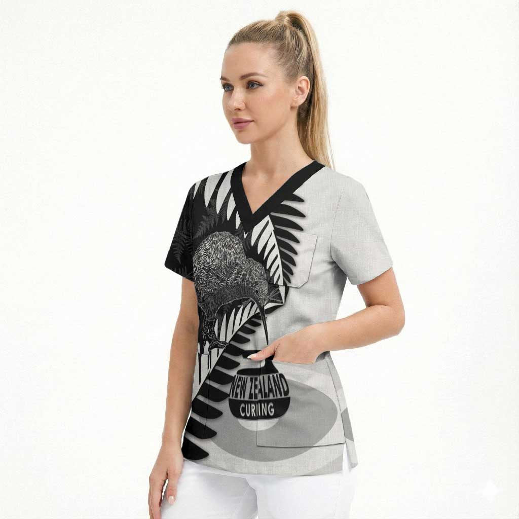 New Zealand Silver Fern Curling Personalised Scrub Top Aotearoa Kiwi Ponga Black White Version - Polynesian Pride