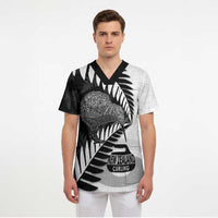 New Zealand Silver Fern Curling Personalised Scrub Top Aotearoa Kiwi Ponga Black White Version - Polynesian Pride