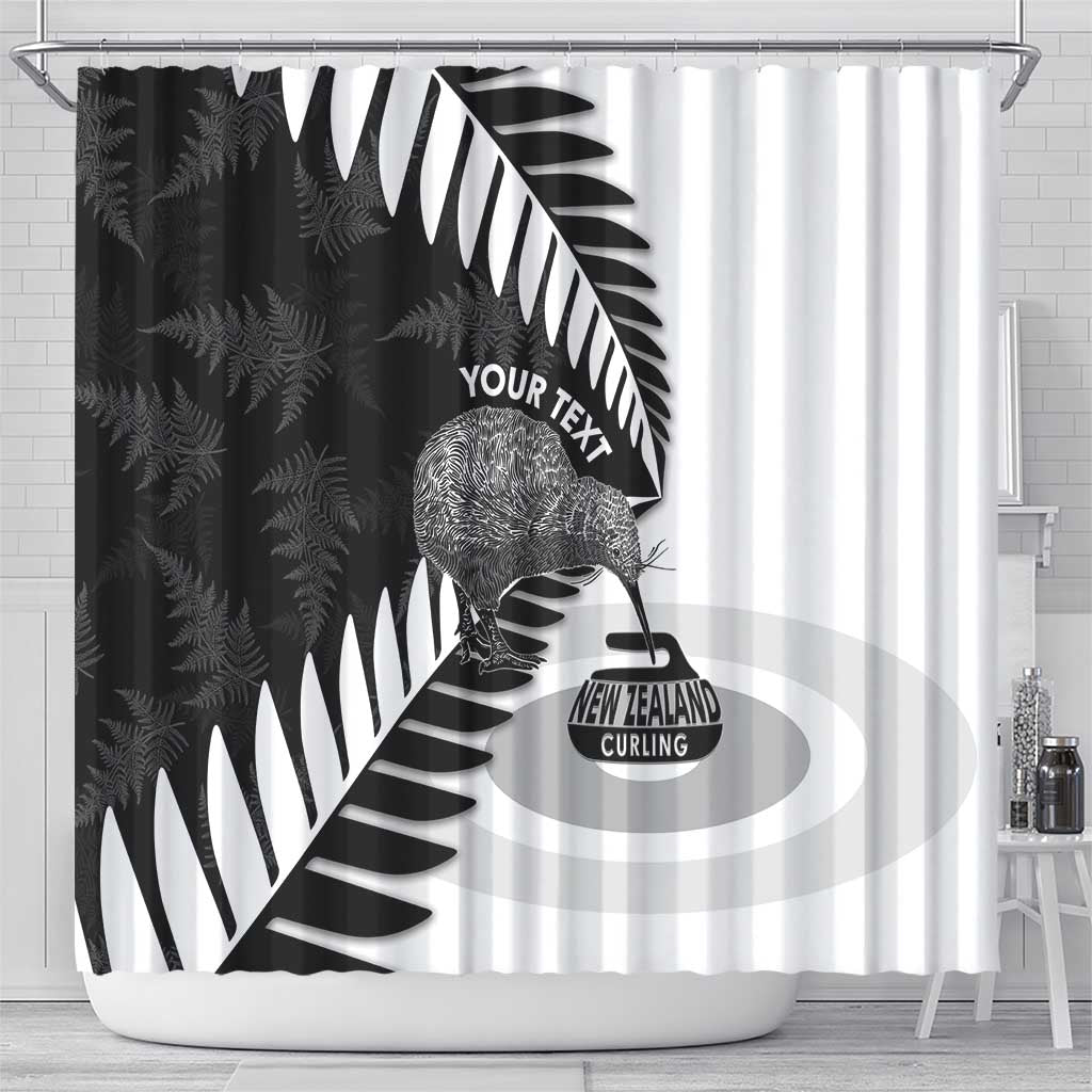 New Zealand Silver Fern Curling Personalised Shower Curtain Aotearoa Kiwi Ponga Black White Version - Polynesian Pride