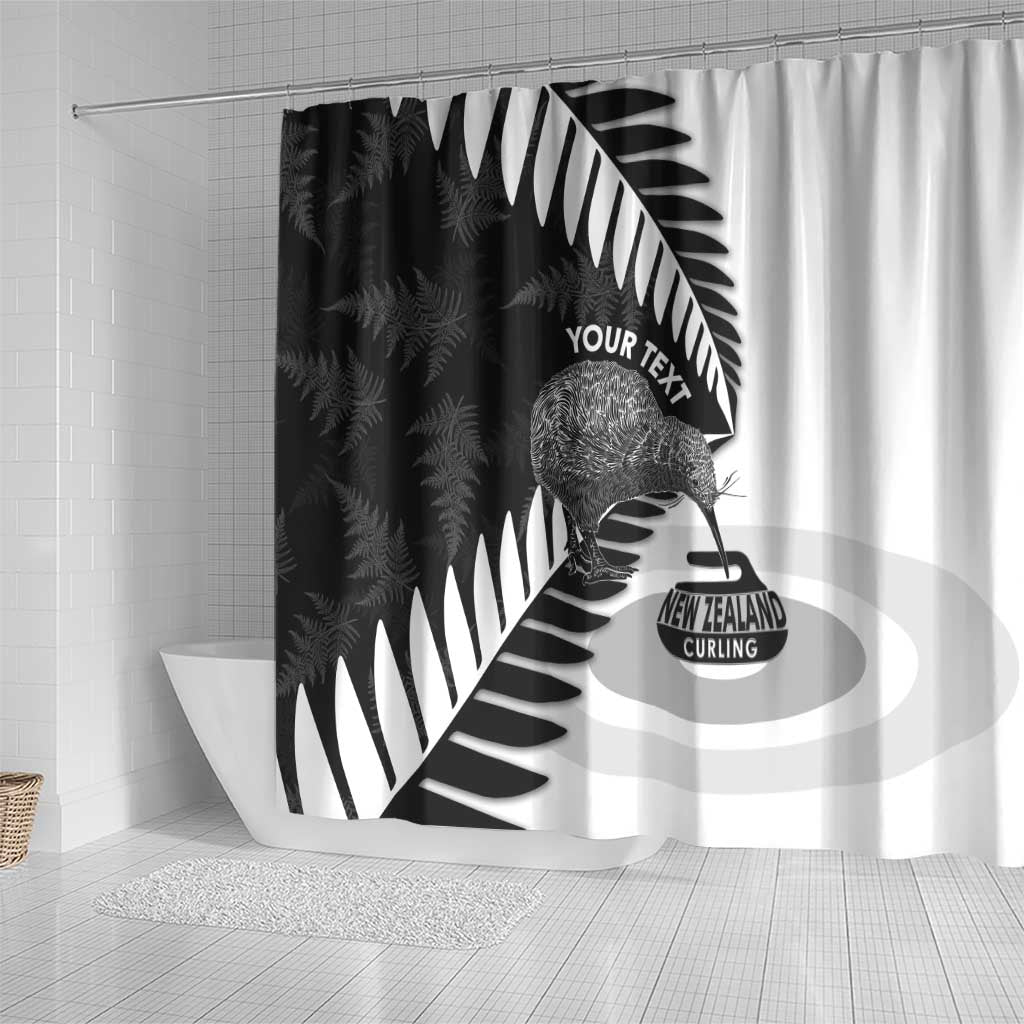 New Zealand Silver Fern Curling Personalised Shower Curtain Aotearoa Kiwi Ponga Black White Version - Polynesian Pride