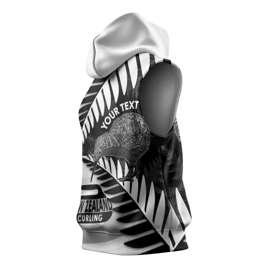 New Zealand Silver Fern Curling Personalised Sleeveless Hoodie Aotearoa Kiwi Ponga Black White Version - Polynesian Pride