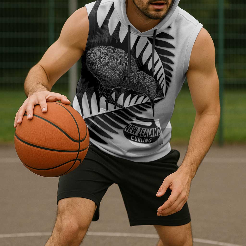 New Zealand Silver Fern Curling Personalised Sleeveless Hoodie Aotearoa Kiwi Ponga Black White Version - Polynesian Pride