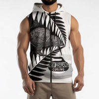 New Zealand Silver Fern Curling Personalised Sleeveless Zip Hoodie Aotearoa Kiwi Ponga Black White Version - Polynesian Pride