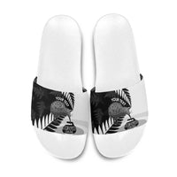 New Zealand Silver Fern Curling Personalised Slide Sandals Aotearoa Kiwi Ponga Black White Version - Polynesian Pride