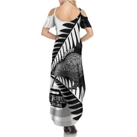 New Zealand Silver Fern Curling Personalised Summer Maxi Dress Aotearoa Kiwi Ponga Black White Version - Polynesian Pride