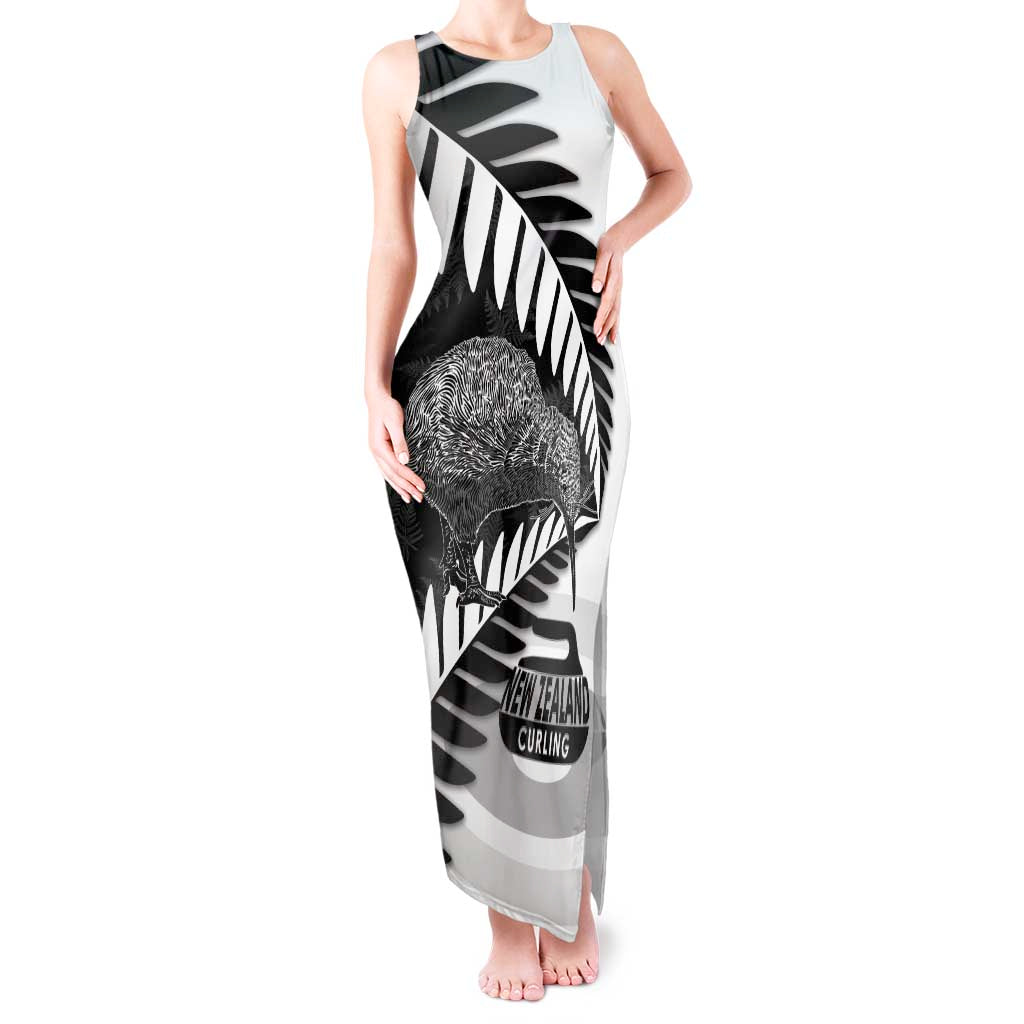 New Zealand Silver Fern Curling Personalised Tank Maxi Dress Aotearoa Kiwi Ponga Black White Version - Polynesian Pride
